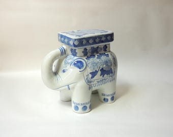 Porcelain Elephant Floor Plant Stand, vintage Chinese garden stool, blue and white side table