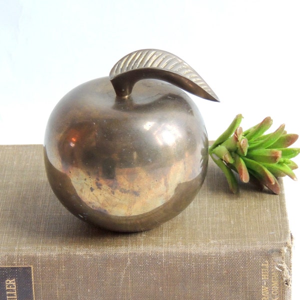 Large Brass Apple, vintage desk accessory, apple sculpture, paperweight, doorstop, teacher gift