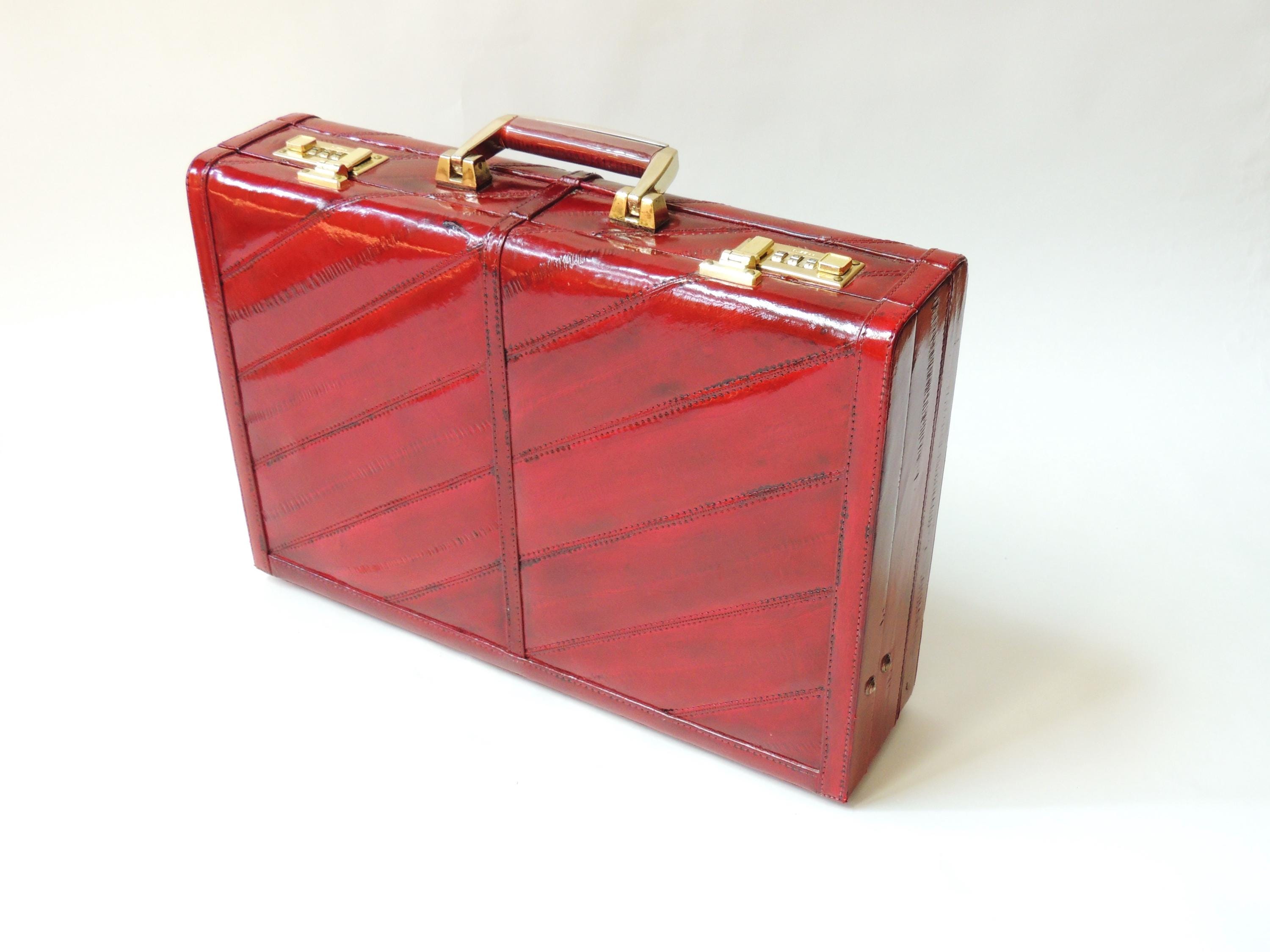 Vintage Leather Briefcase, eel skin attache, combination lock, laptop carrier, burgundy
