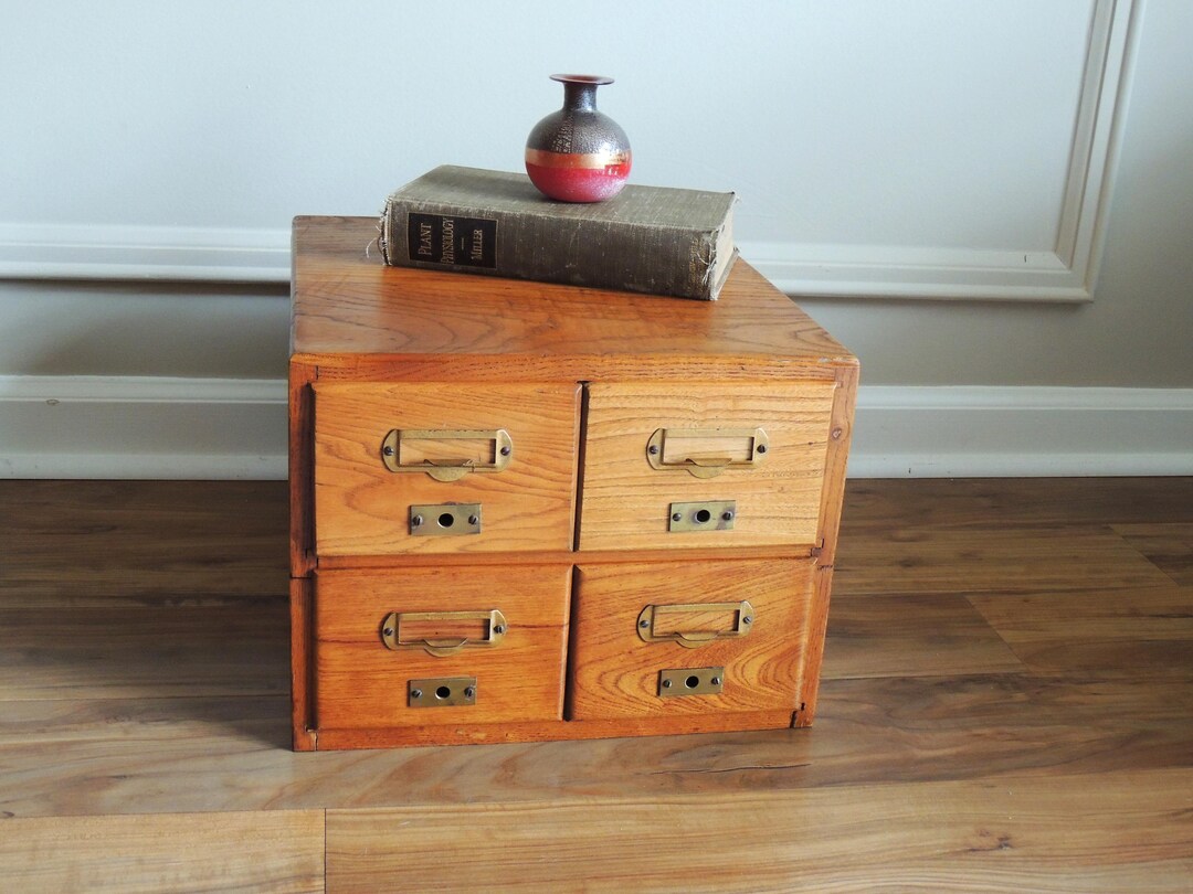 Antique Oak Library Card Catalog Four Drawer, Brass Handles Etsy