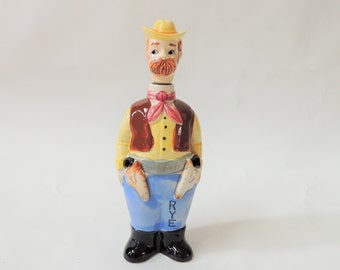 Vintage Whiskey Decanter, Ceramic cowboy liquor server, Mid Century barware, made in Japan, hand painted
