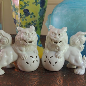 Set of Japanese Foo Dog Statues, vintage temple dog, white porcelain, made in Japan