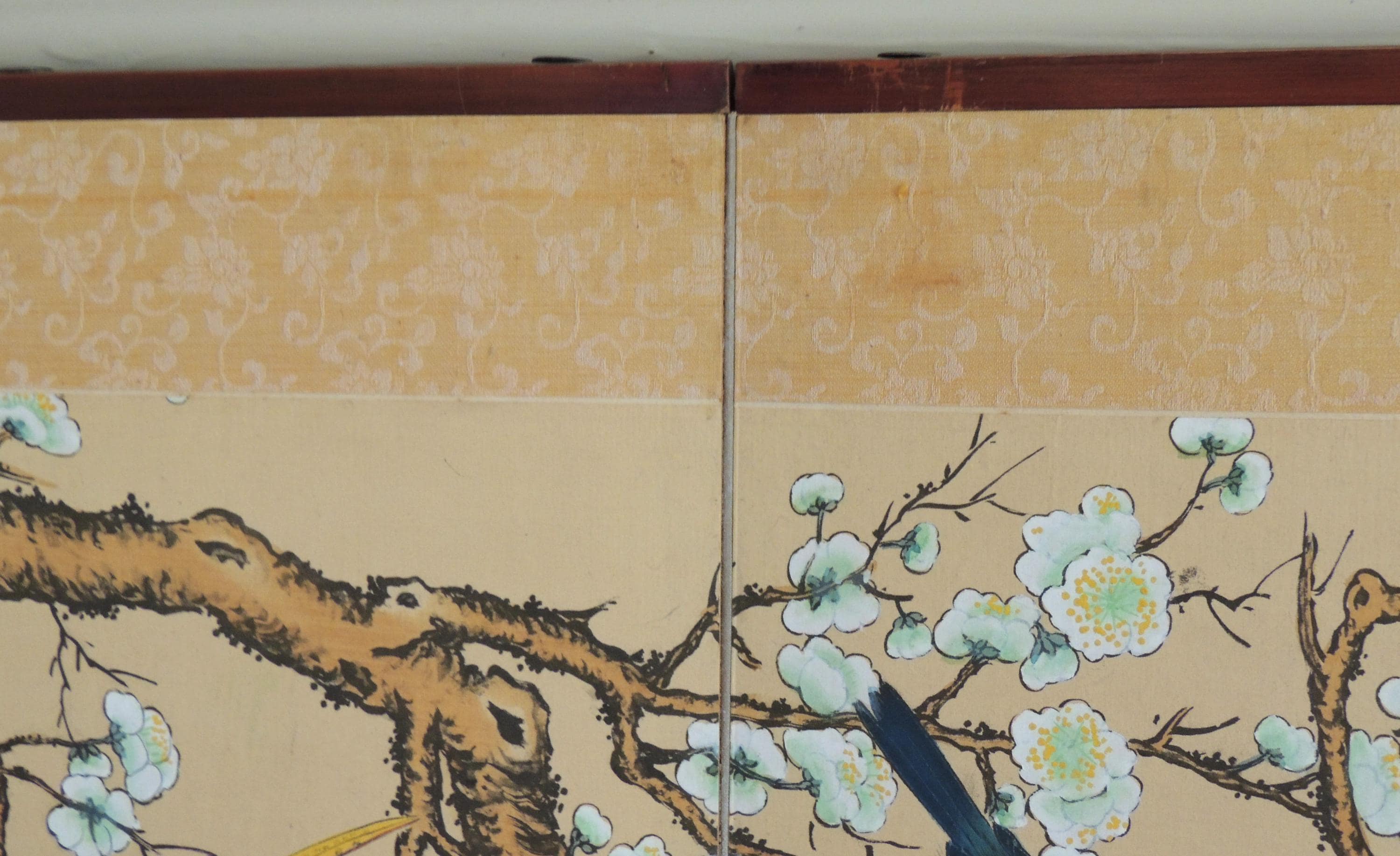 Large Chinese Four Panel Silk Screen, Hand Painted, Cherry Blossom