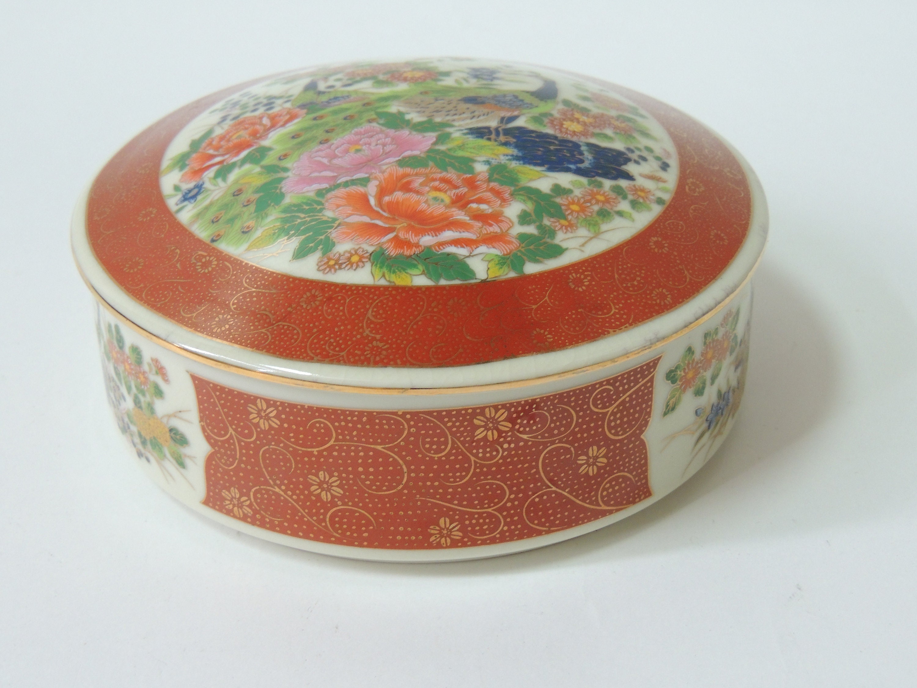 Vintage Japanese Satsuma Trinket Box Chinoiserie Peacocks and Etsy
