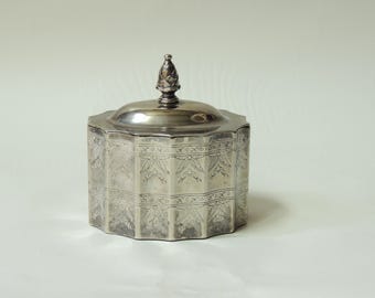 Vintage verzilverde doos met deksel, geribbeld en gegraveerd, met fluweel beklede binnenkant, Godinger