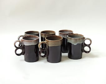Set of 6 Drip Glaze Mugs, Mid Century stoneware coffee cups, double ring handle