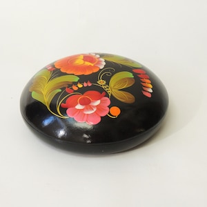 Round Wooden Box With Lid, vintage Russian hand painted trinket box, stash box