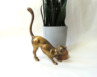 Vintage Large Brass Cat Sculpture, mid century statue, made in Korea, 15 inch