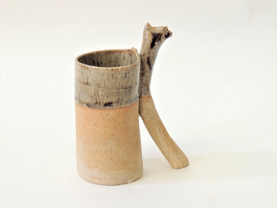 Vintage Sculptural Pottery Mug, stoneware cup, 12 ounce, pen cup, small vase