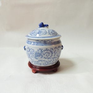 Vintage Blue White Ginger Jar on Stand, foo dog lid, lotus flower