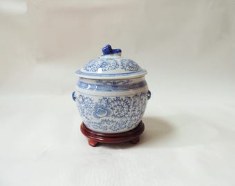 Vintage Blue White Ginger Jar on Stand, foo dog lid, lotus flower