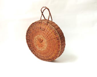 Large Woven Lidded Basket With Handles, handles, round