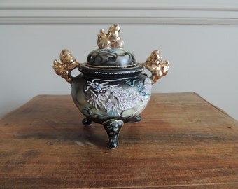 Japanese Foo Dog Incense Burner, porcelain dragonware, vintage censer bowl with lid, Mid Century