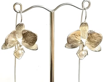Orchid drop earrings, hand made from Sterling Silver set with a Cultured Pearl