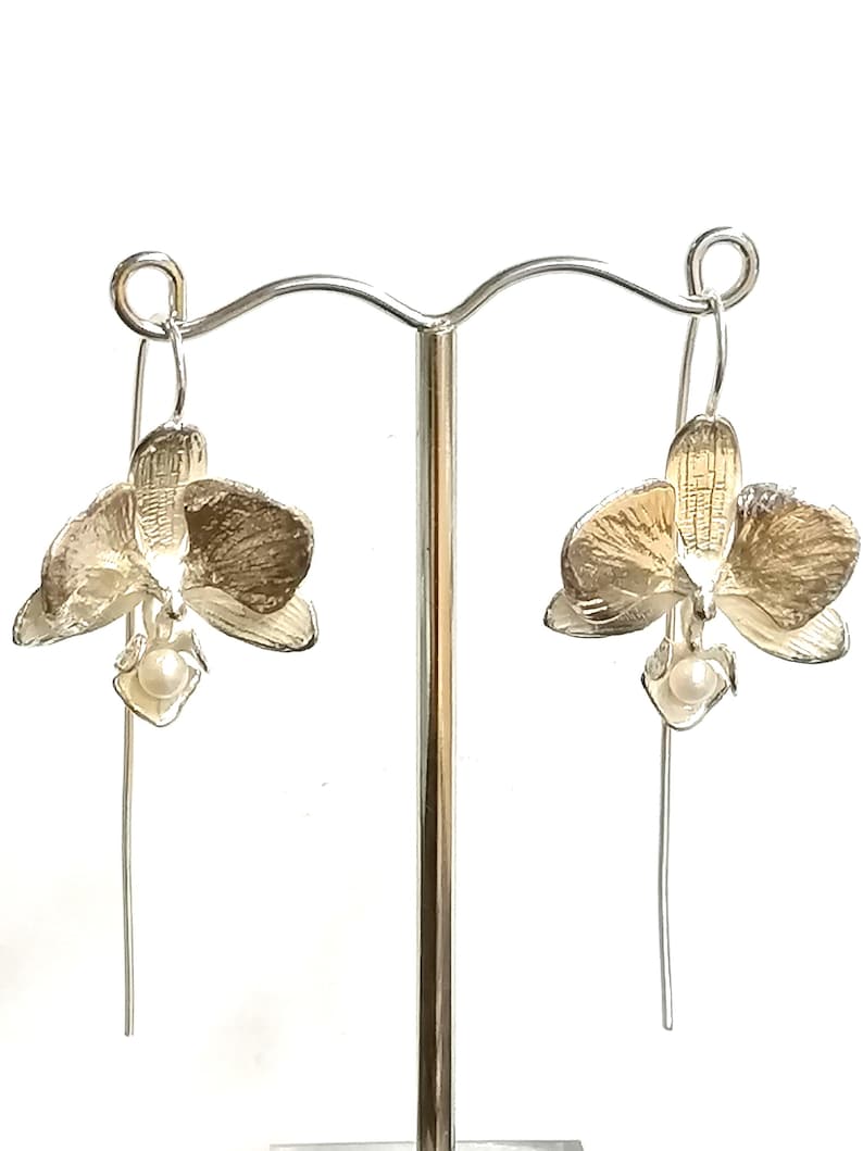 Orchid drop earrings, hand made from Sterling Silver set with a Cultured Pearl image 1