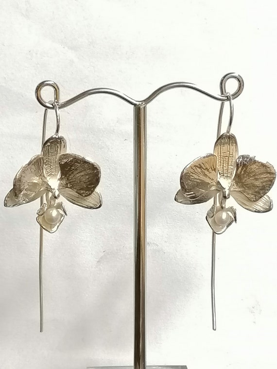 Orchid drop earrings, hand made from Sterling Silver set with a Cultured Pearl