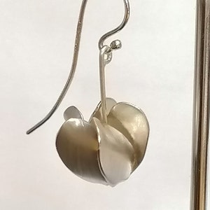 May include: Silver flower-shaped earrings with a delicate wire design. The earrings are hanging from a silver hook.