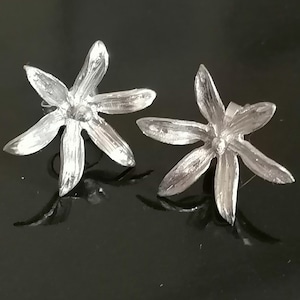 May include: A pair of silver flower-shaped earrings. The earrings are made of metal and have a delicate, intricate design.