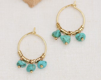 Turquoise Lola hoops, dainty hoops, gold gemstones hoops, delicate hoops, boho hoops, handmade earrings, gift for her