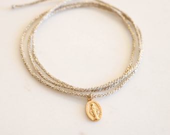 Thin modern dainty cord bracelet virgin Mary Miraculous - stacking bracelets - handmade - gold plated -