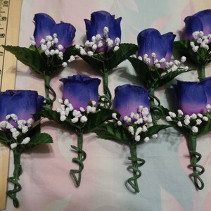 Set of 8  Dark Purple & Lavender  Rosebud Boutonnieres, with Silver or White Baby's Breath for 8 Dollars