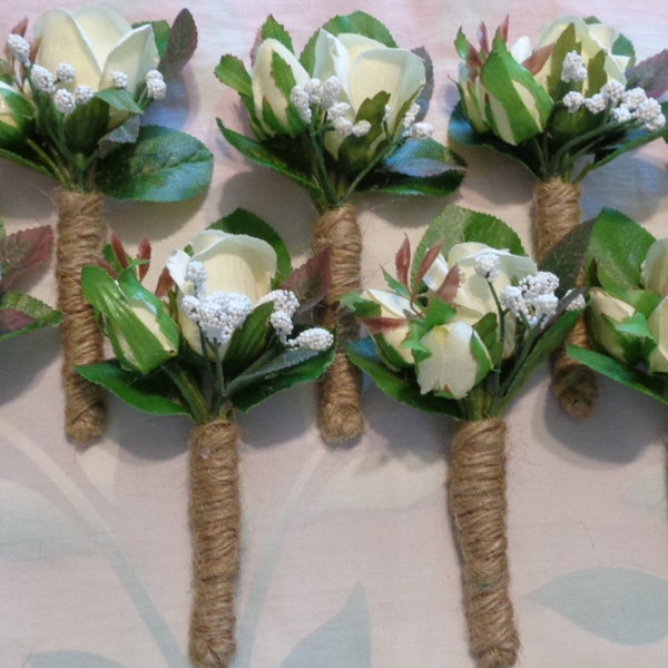 Set of 8 Ivory Rosebud Boutonnieres With Baby's Breath and Jute Wrapped for 12 Dollars