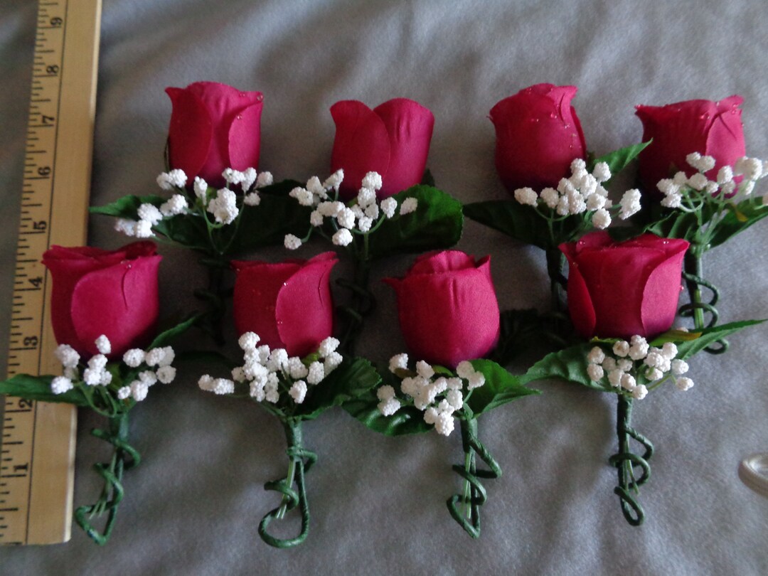 Set of 8 Wine Rosebud Boutonnieres With Baby's Breath for 8 Dollars
