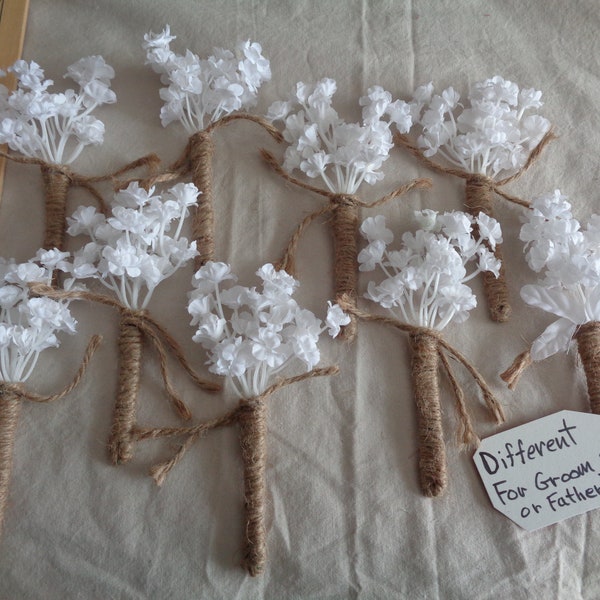 Clearance Sale Set of 9 White Baby'sbreath Boutonnieres, Jute Wrapped for 7 dollars