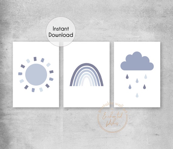 Sun Rainbow Cloud Nursery Wall Art Set Blue Printables Etsy