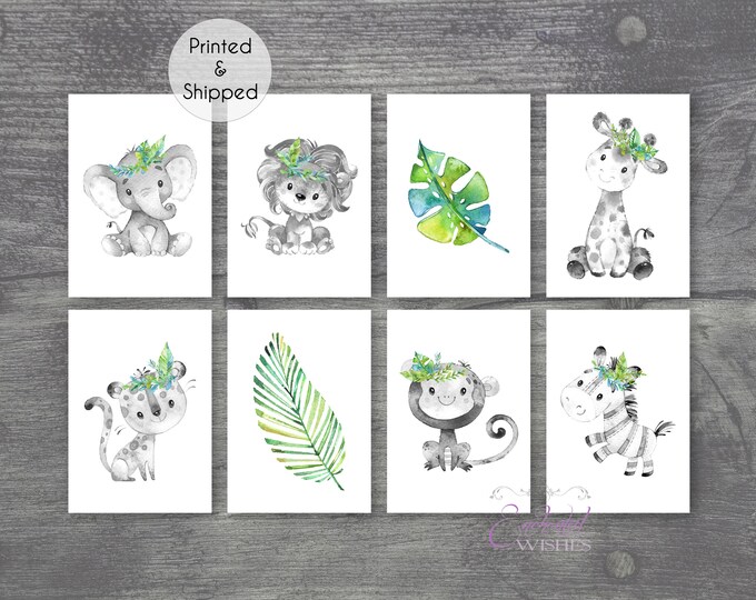 Tropical Jungle Safari Animal Prints Set 8, Grey Green Jungle Safari ...