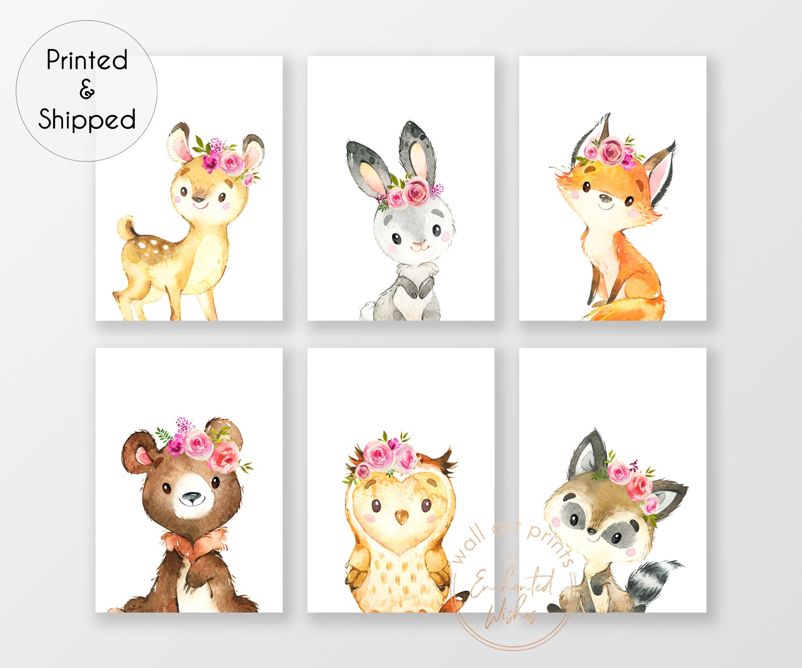 Woodland Animal Girls Nursery Prints Set of 6 Pink Floral Etsy