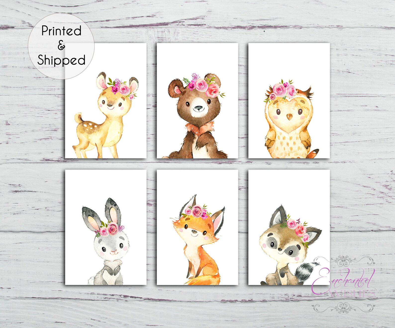 Woodland Animal Girls Nursery Prints Set of 6 Pink Floral Etsy UK