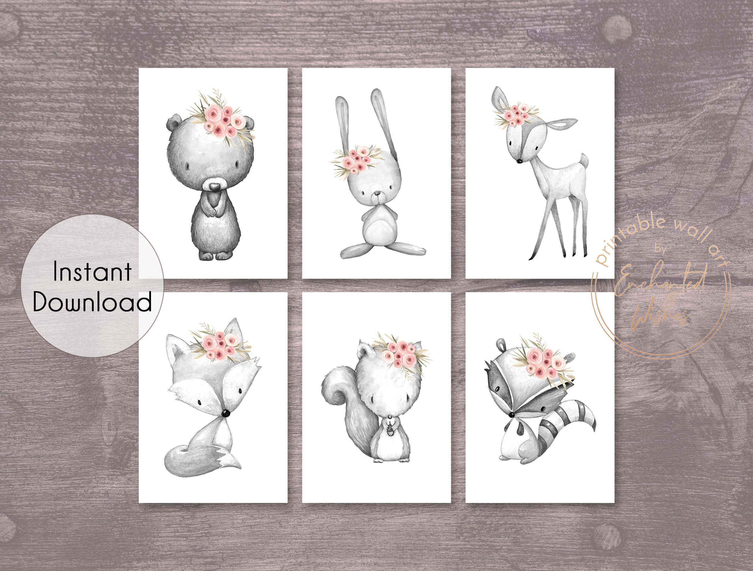 Grey Coral Pink Nursery Set Of 6 Printable Prints Grey Blush Etsy