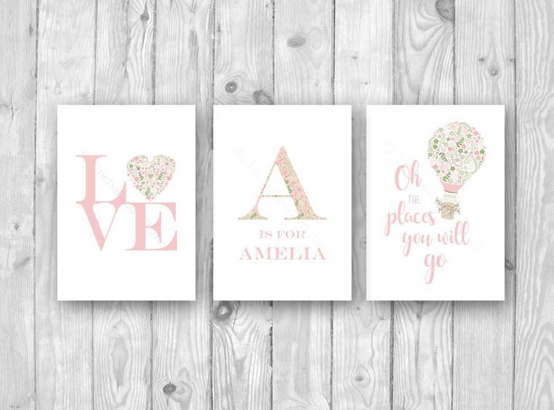 Girls Pink Floral Nursery Print Set of 3 Personalised Name Etsy UK