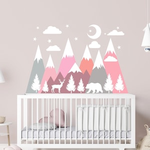 Mountains Wall Decal Kids, Girl Bedroom Woodland Decor, Large Multicolored Mountains With Clouds Decal Playroom, Forest Animals, Nature x387