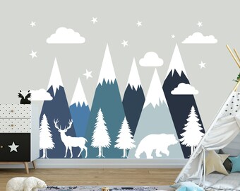 Blue Turquoise Mountain Wall Decal Boy Nursery, Clouds Stars Sticker Toddler Room Decor, Large Mountains Mural, Forest Animals Nature x369