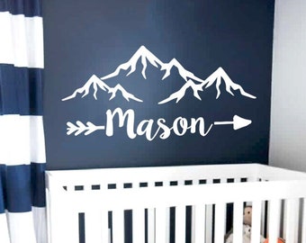 Mountain Boy Name Wall Decal Nursery Mountains Wall Decal Boy Nursery Wall Baby Room Woodland Decor Boy Name Wall Decal Rustic Decal x350