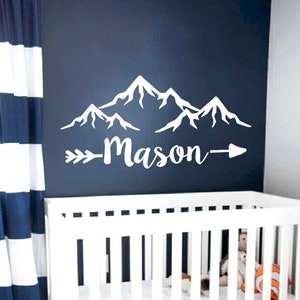 Mountain Boy Name Wall Decal Nursery Mountains Wall Decal Boy Nursery Wall Baby Room Woodland Decor Boy Name Wall Decal Rustic Decal x350