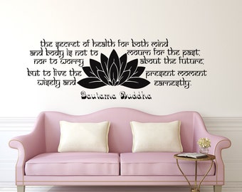 Buddha Wall Decal Quote The Secret of Health Vinyl Sticker Decals Quotes Quote Decal Lotus Flower Wall Decor Bedroom Yoga Studio Decal x231