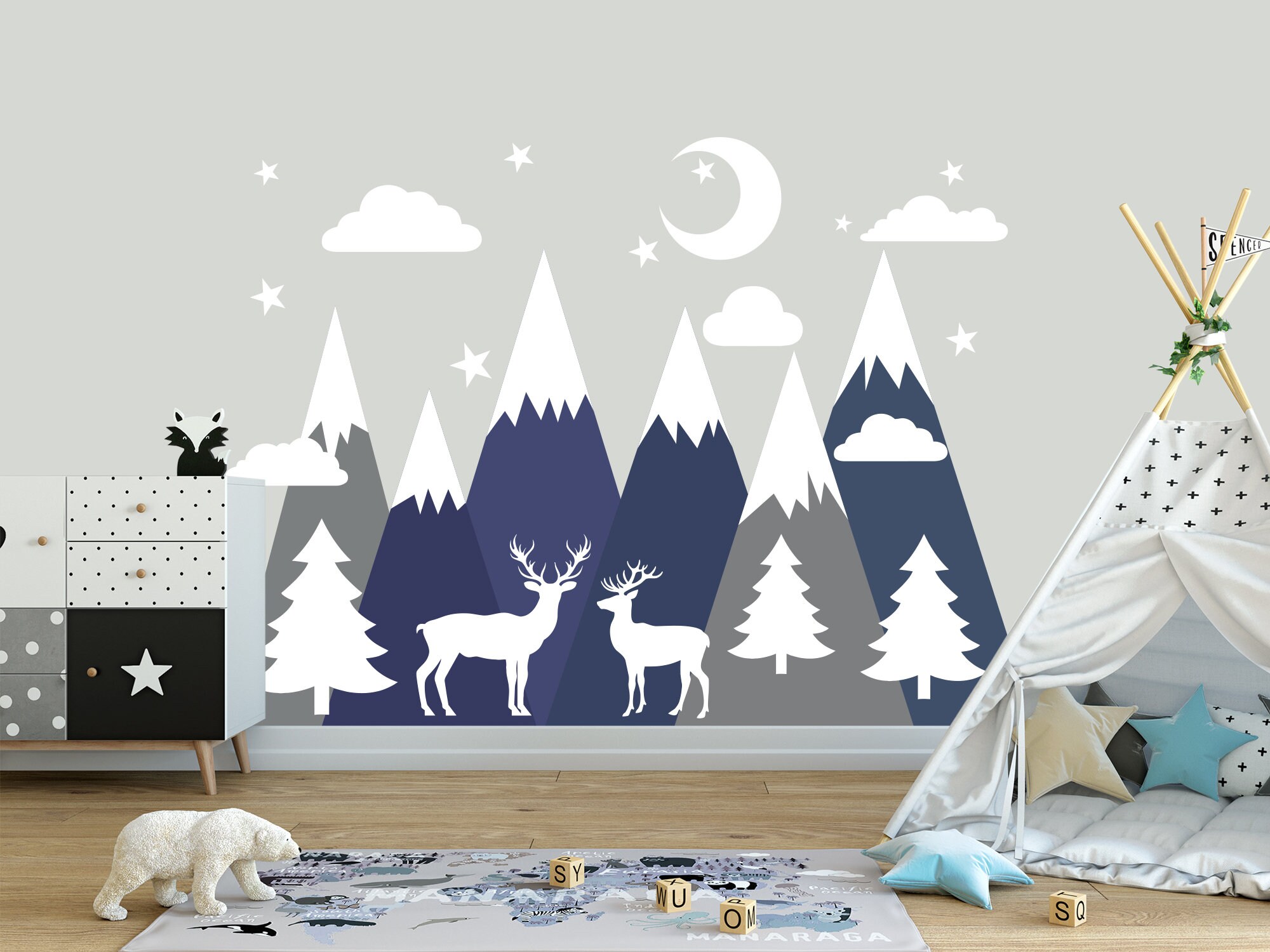 Mountains Wall Decal Nursery Boy Woodland Mural Large Blue | Etsy