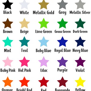 May include: A chart of 25 different colored stars, each with a name underneath. The colors include black, white, metallic gold, grey, metallic silver, brown, beige, lime green, grass green, dark green, mint, teal, baby blue, royal blue, navy blue, baby pink, hot pink, lilac, purple, violet, orange, bright red, red, burgundy, and yellow.