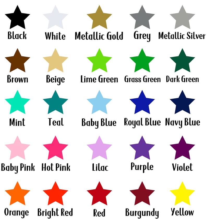 May include: A chart of 25 different colored stars, each with a name underneath. The colors include black, white, metallic gold, grey, metallic silver, brown, beige, lime green, grass green, dark green, mint, teal, baby blue, royal blue, navy blue, baby pink, hot pink, lilac, purple, violet, orange, bright red, red, burgundy, and yellow.