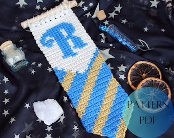 Crochet Pattern | Magic School Blue House Banner Crochet Tapestry Wall Hanging Decor | DIY Wizard