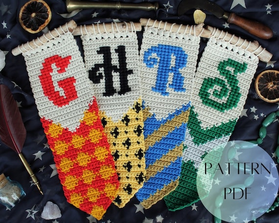 Crochet Pattern | Magic School 4 House Banners Crochet Tapestry Wall Hanging Decor | DIY Wizard