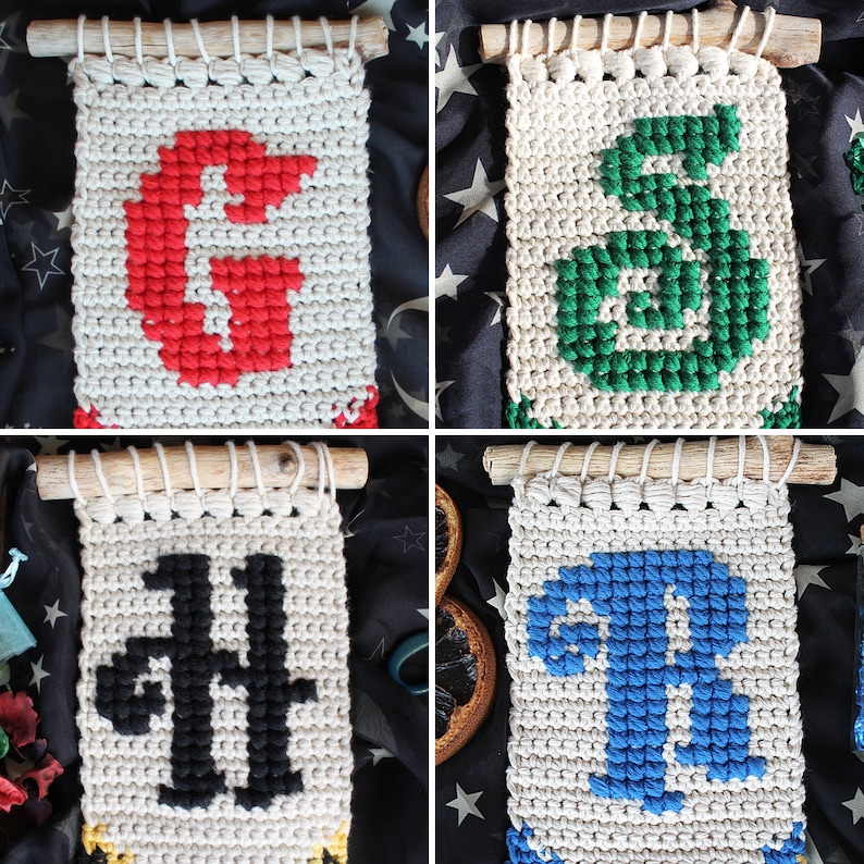 May include: Four handmade wall hangings with different colored letters. The letters are G, S, H, and R. The hangings are made of white yarn with the letters woven in.