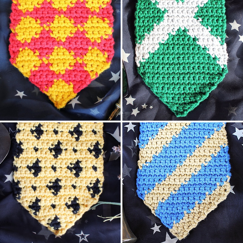 May include: Four crocheted house crests, each representing a different Hogwarts house. The crests are made with different colored yarn, including red, yellow, green, blue, black, and white. The crests are in the shape of a shield.