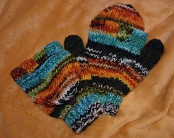 Knitted Lined Multicolour Fingerless Hunter Gloves with Mitten Covers
