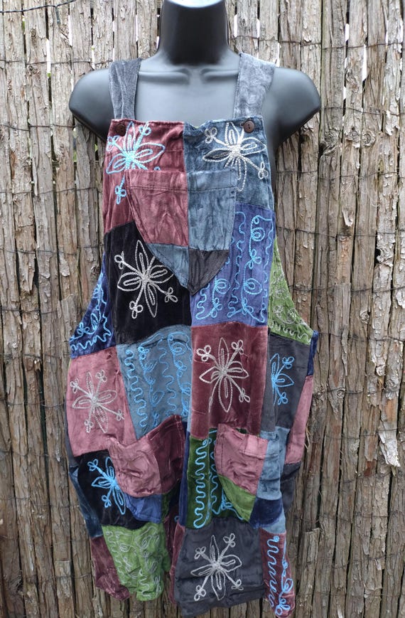 Patchwork Velvet Knee Length Dungaree Dress - Etsy Australia
