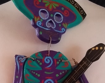 Day of the Dead Mariachi Guitar Player Wooden Hanging Ornament