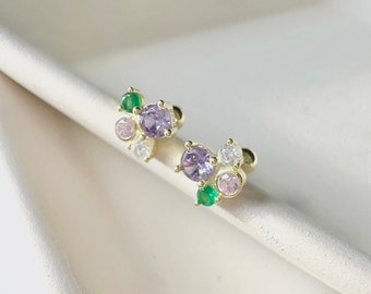 Purple and Green Cluster Screw Back Stud Earrings - Sterling Silver